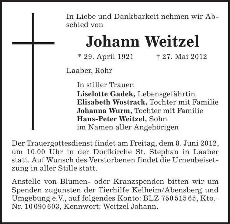 Traueranzeige Johann Weitzel