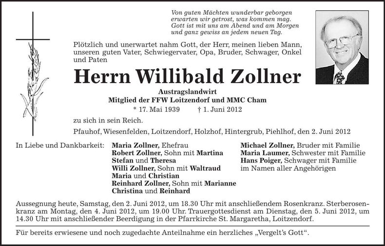 Traueranzeige Willibald Zollner