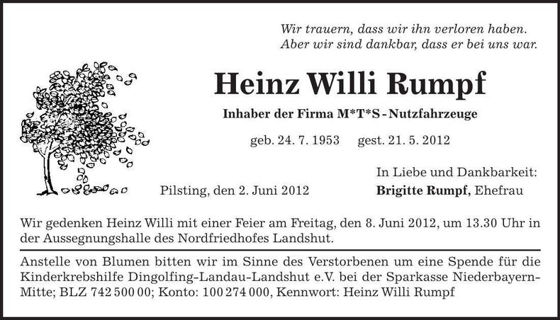 Traueranzeige Heinz Willi Rumpf