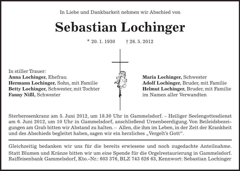 Traueranzeige Sebastian Lochinger