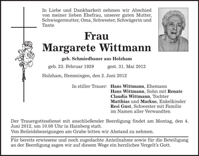 Traueranzeige Margarete Wittmann