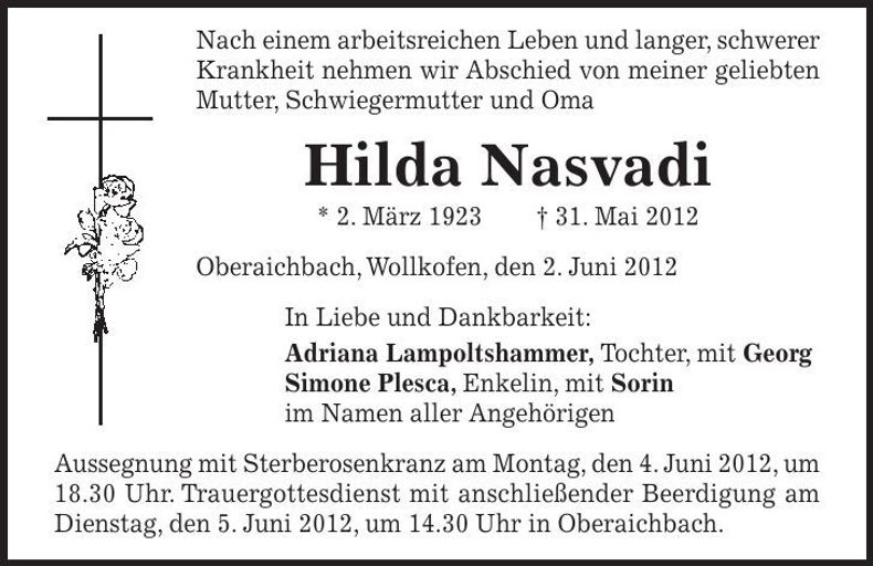 Traueranzeige Hilda Nasvadi