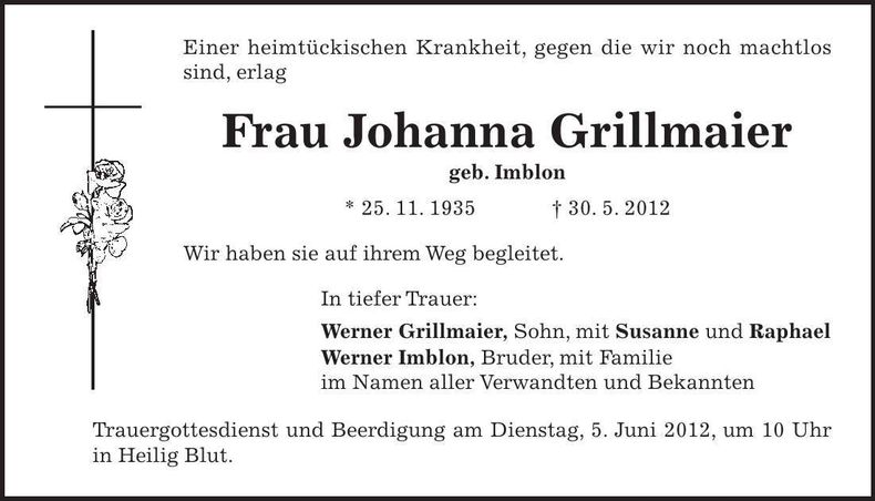 Traueranzeige Johanna Grillmaier