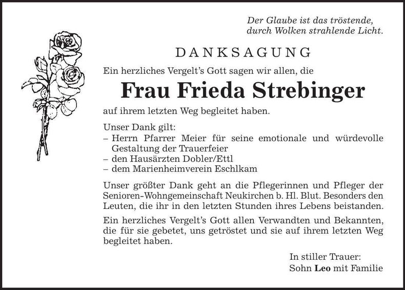Traueranzeige Frieda Strebinger