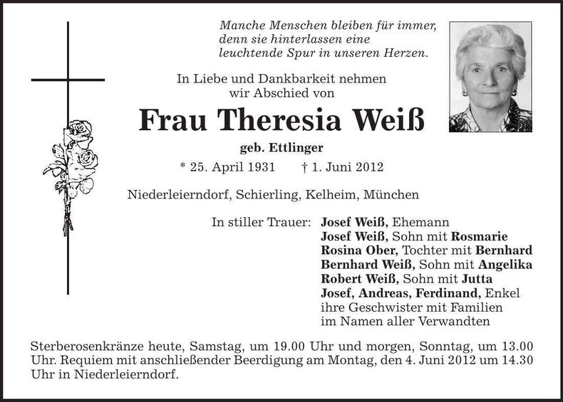 Traueranzeige Theresia Weiß