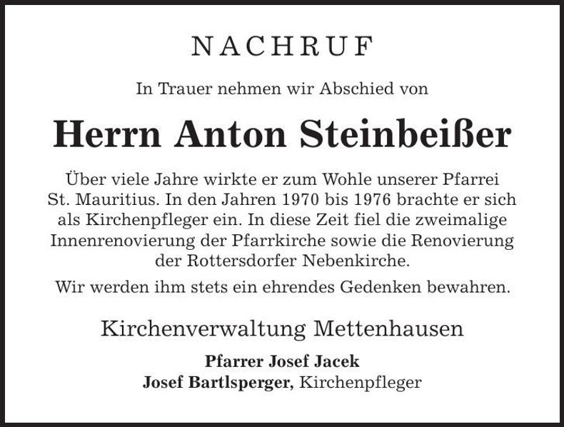 Traueranzeige Anton Steinbeißer
