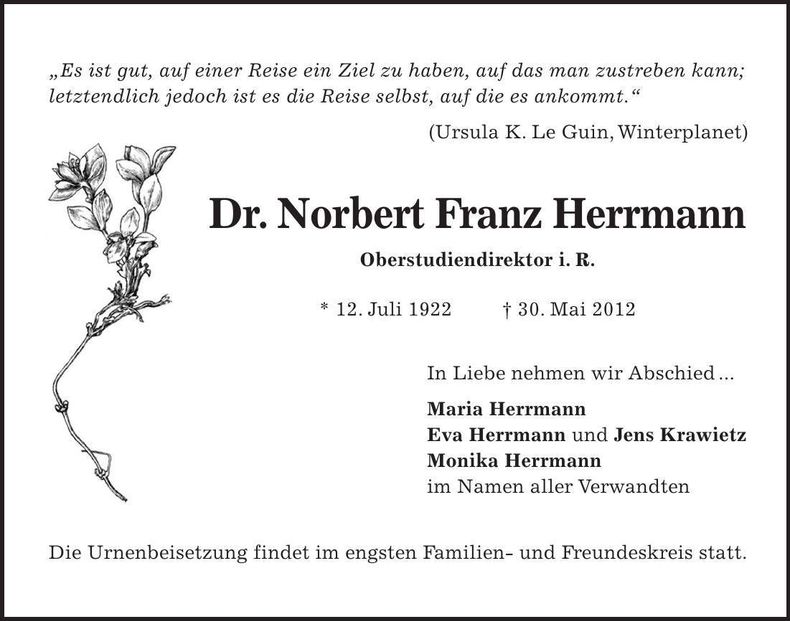 Traueranzeige Dr. Norbert Franz Herrmann