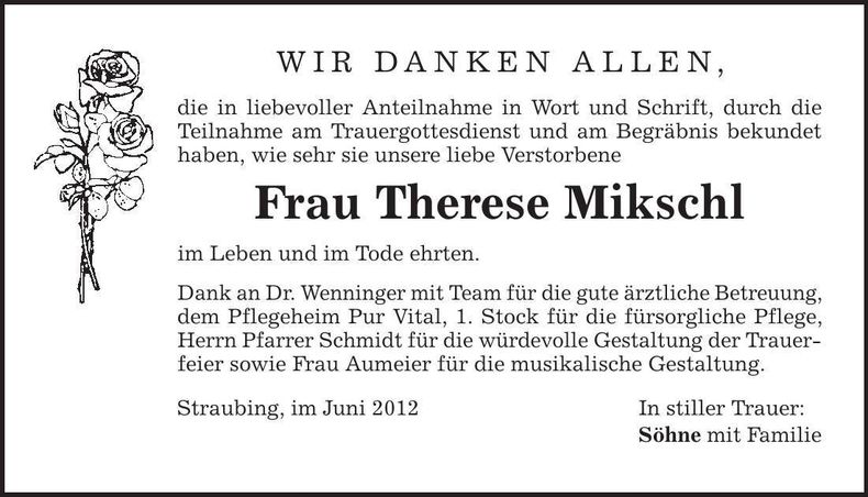 Traueranzeige Therese Mikschl