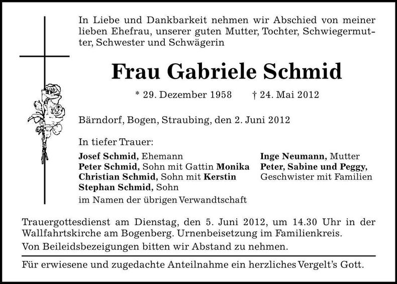 Traueranzeige Gabriele Schmid