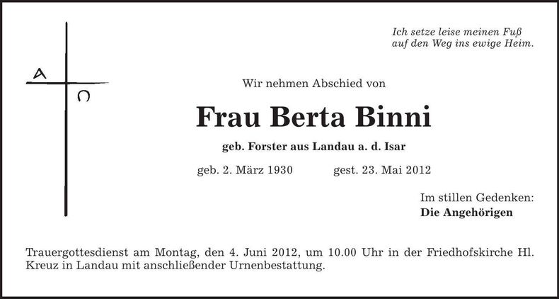 Traueranzeige Berta Binni