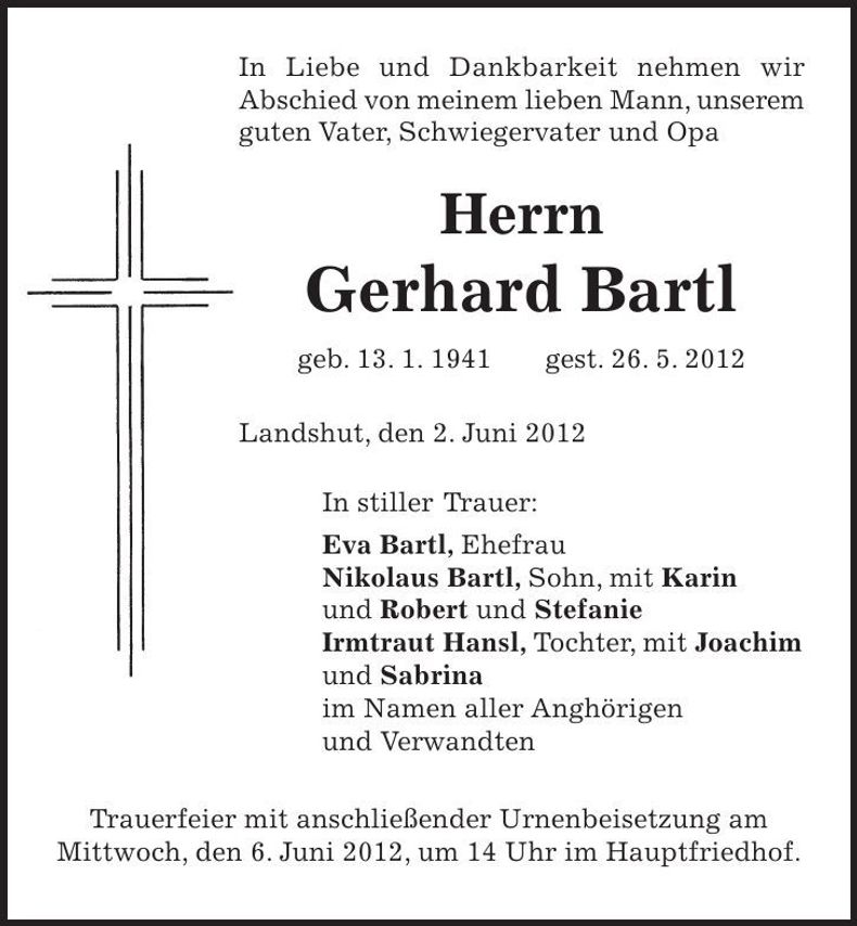 Traueranzeige Gerhard Bartl