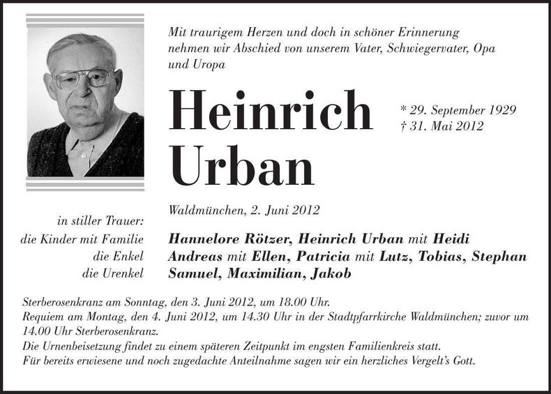 Traueranzeige Heinrich Urban
