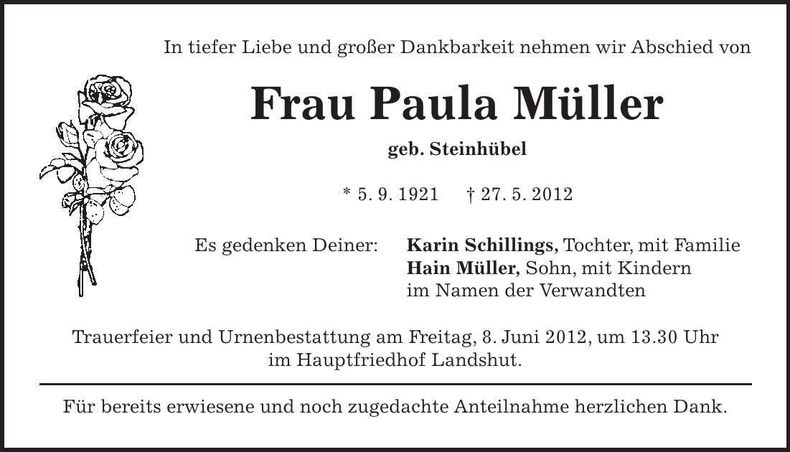 Traueranzeige Paula Müller