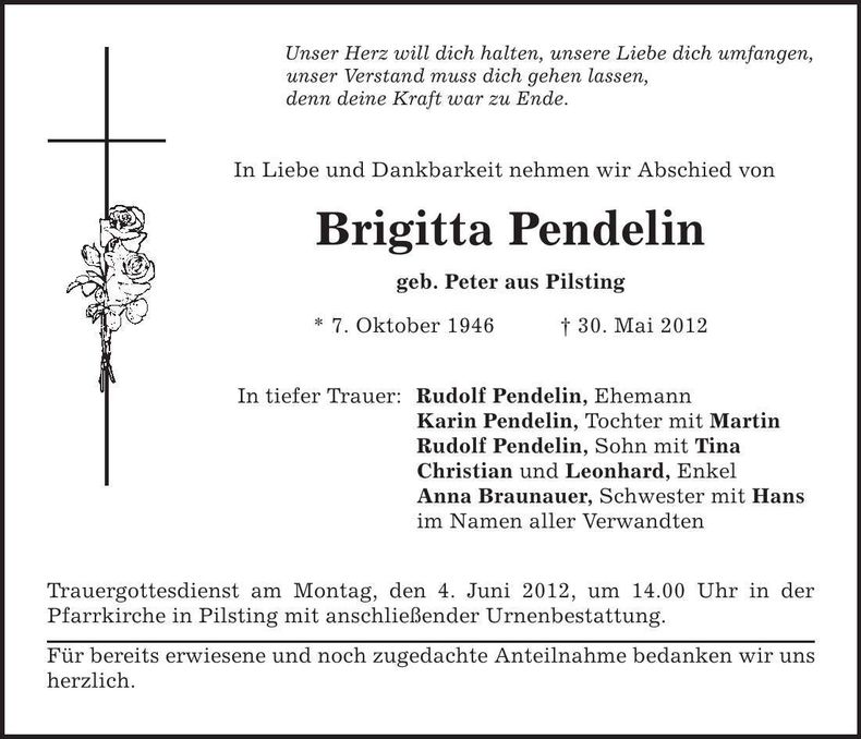 Traueranzeige Brigitta Pendelin