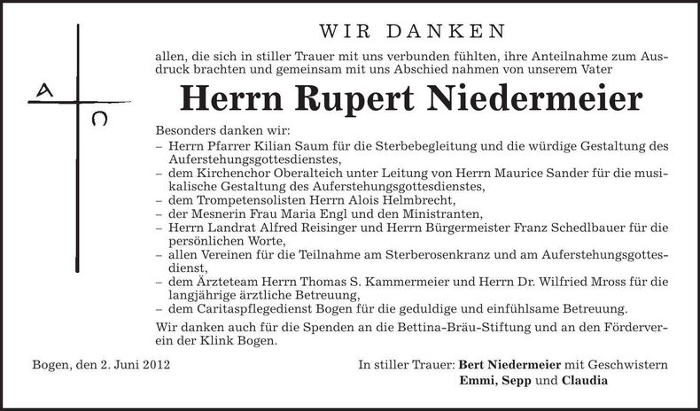 Traueranzeige Rupert Niedermeier