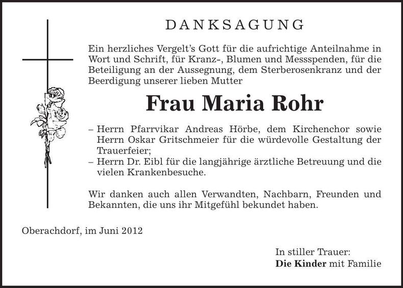 Traueranzeige Maria Rohr