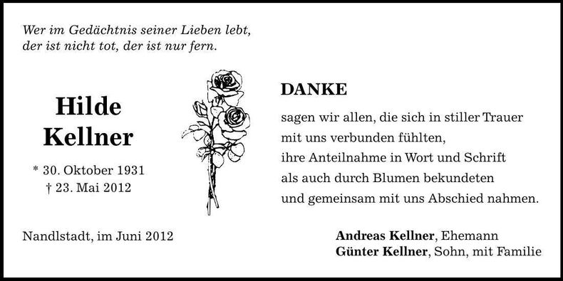 Traueranzeige Hilde Kellner