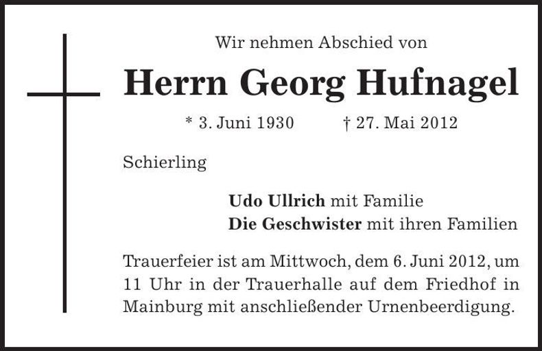 Traueranzeige Georg Hufnagel