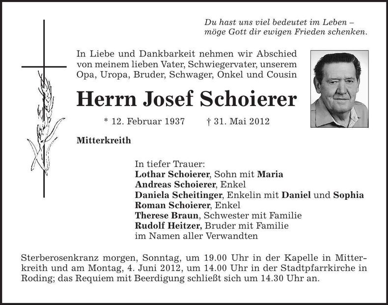 Traueranzeige Josef Schoierer