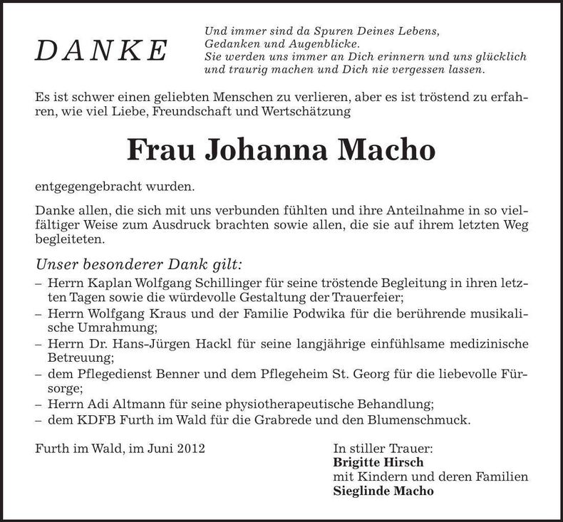 Traueranzeige Johanna Macho