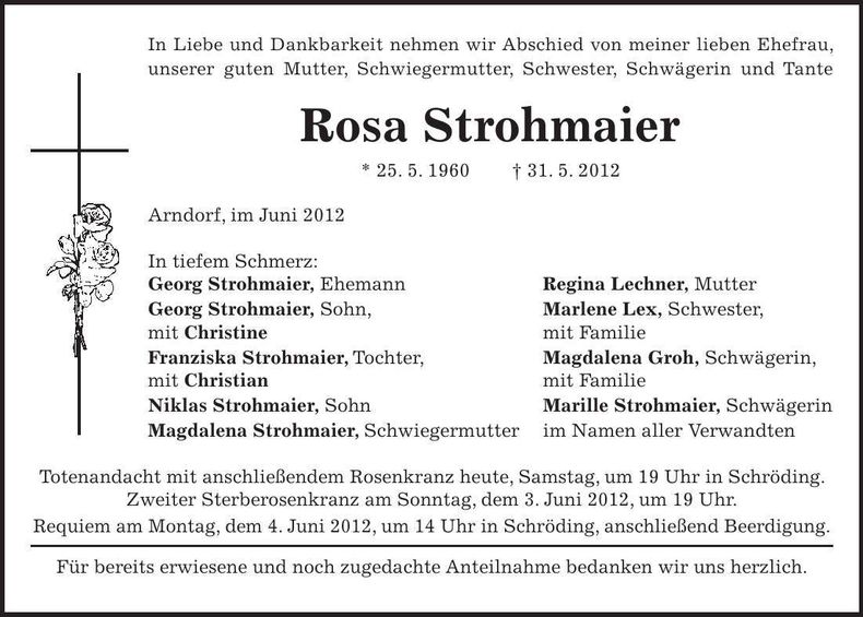 Traueranzeige Rosa Strohmaier
