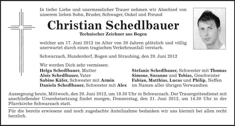 Traueranzeige Christian Schedlbauer