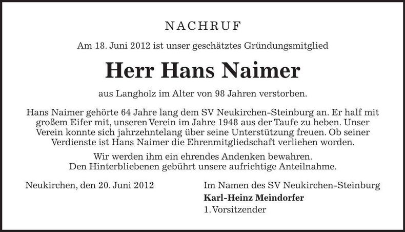 Traueranzeige Hans Naimer