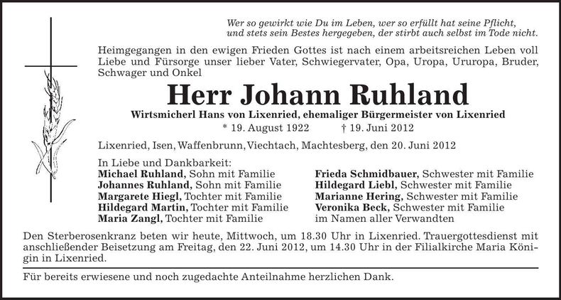 Traueranzeige Johann Ruhland