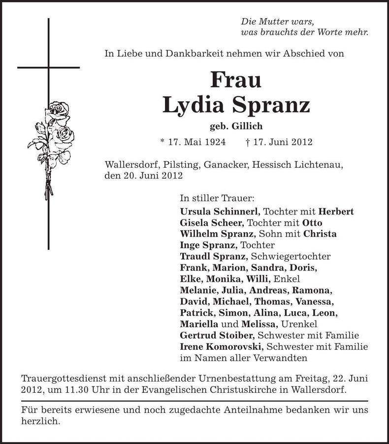Traueranzeige Lydia Spranz