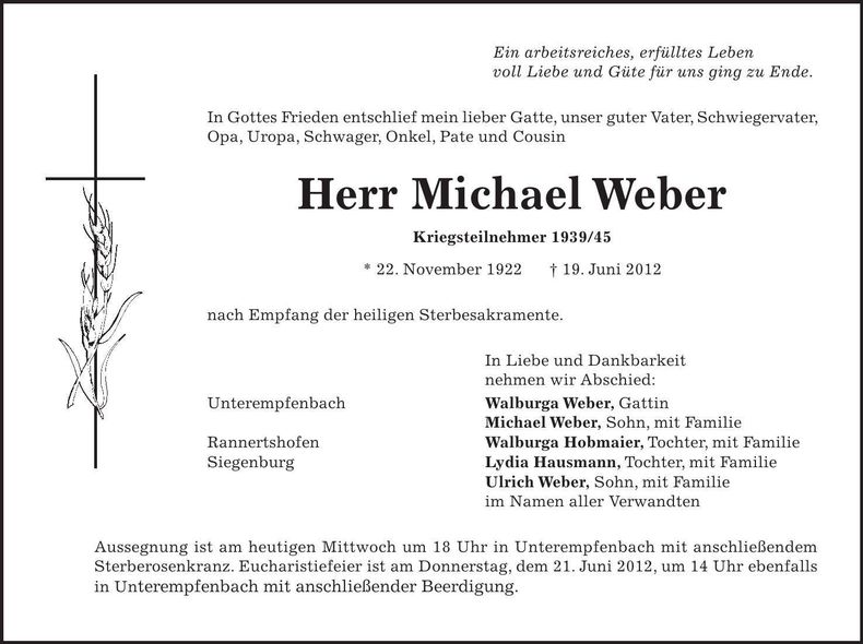 Traueranzeige Weber Michael
