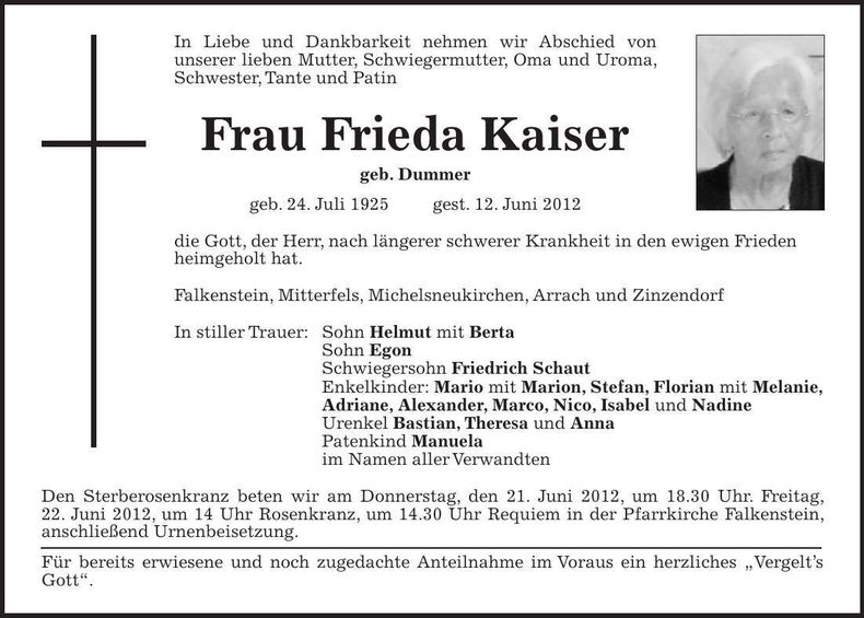 Traueranzeige Frieda Kaiser