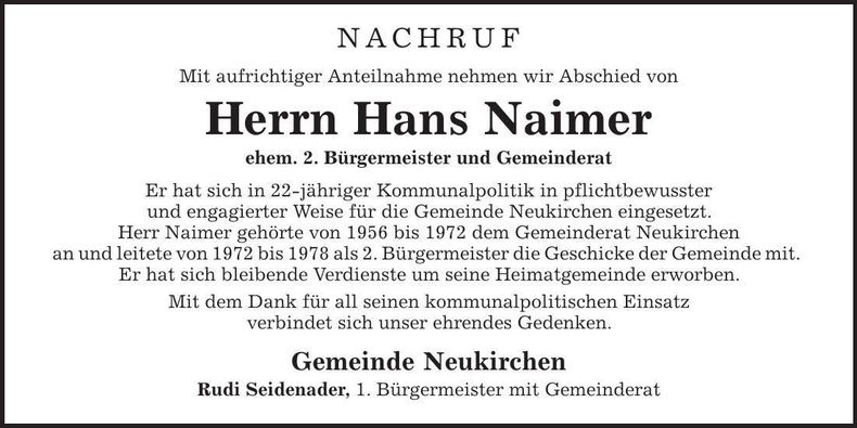 Traueranzeige Hans Naimer