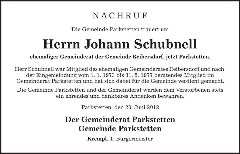 Traueranzeige Johann Schubnell