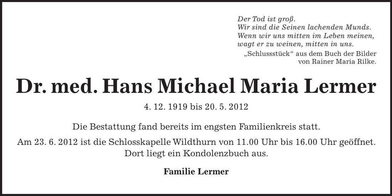 Traueranzeige Dr. med. Hans Michael Maria Lermer