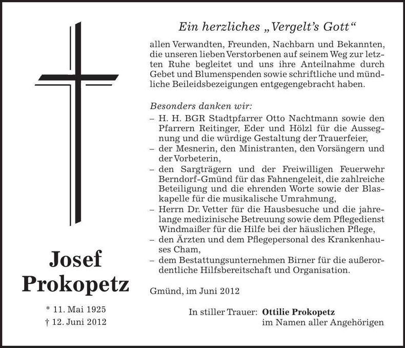 Traueranzeige Josef Prokopetz