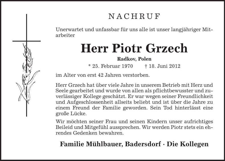 Traueranzeige Piotr Grzech