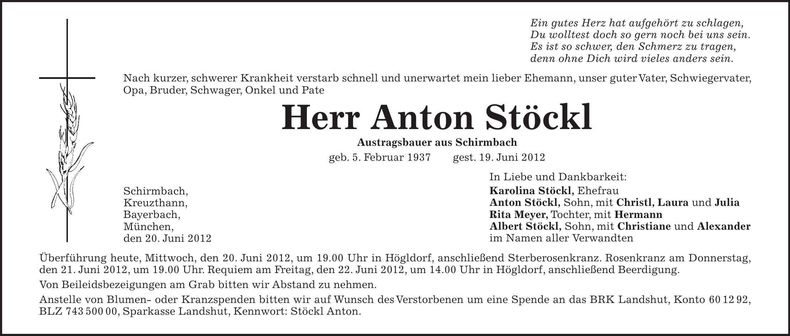 Traueranzeige Anton Stöckl