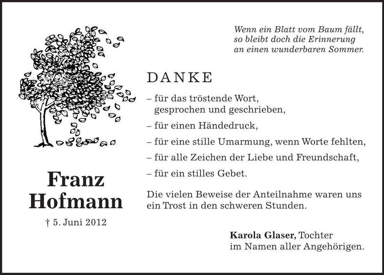 Traueranzeige Franz Hofmann