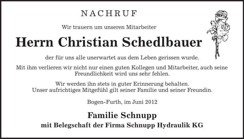 Traueranzeige Christian Schedlbauer