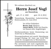 Traueranzeige Josef Vogl
