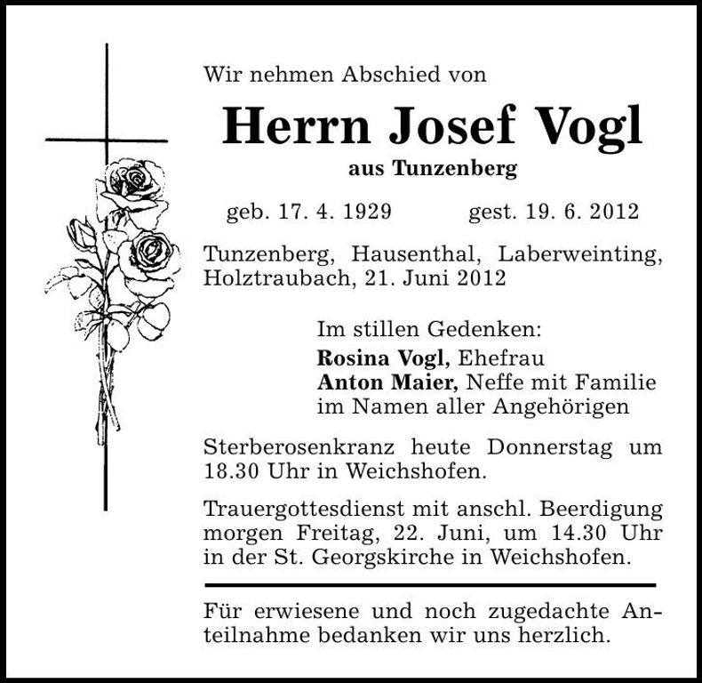 Traueranzeige Josef Vogl