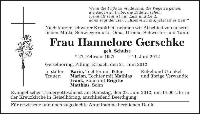Traueranzeige Hannelore Gerschke