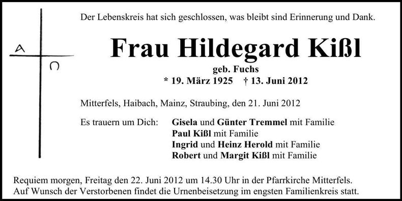 Traueranzeige Hildegard Kißl