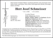Traueranzeige Josef Schmeisser