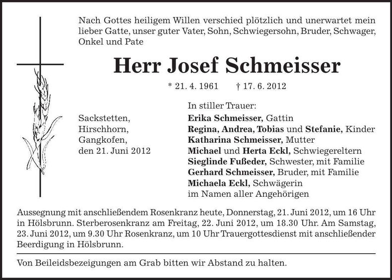 Traueranzeige Josef Schmeisser
