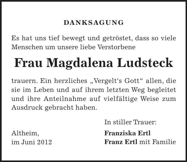 Traueranzeige Magdalena Ludsteck