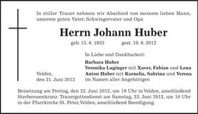 Traueranzeige Johann Huber