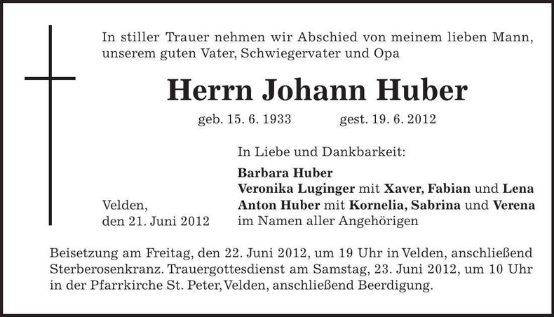Traueranzeige Johann Huber