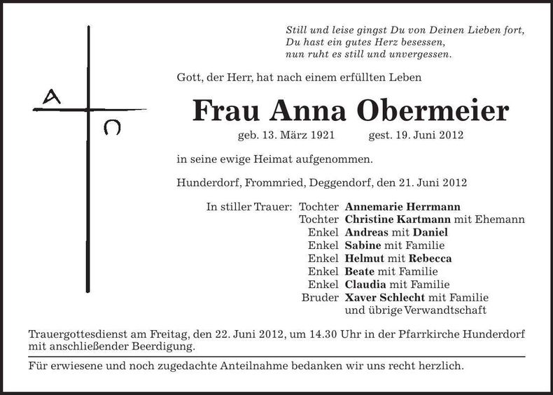 Traueranzeige Anna Obermeier