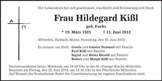 Traueranzeige Hildegard Kißl